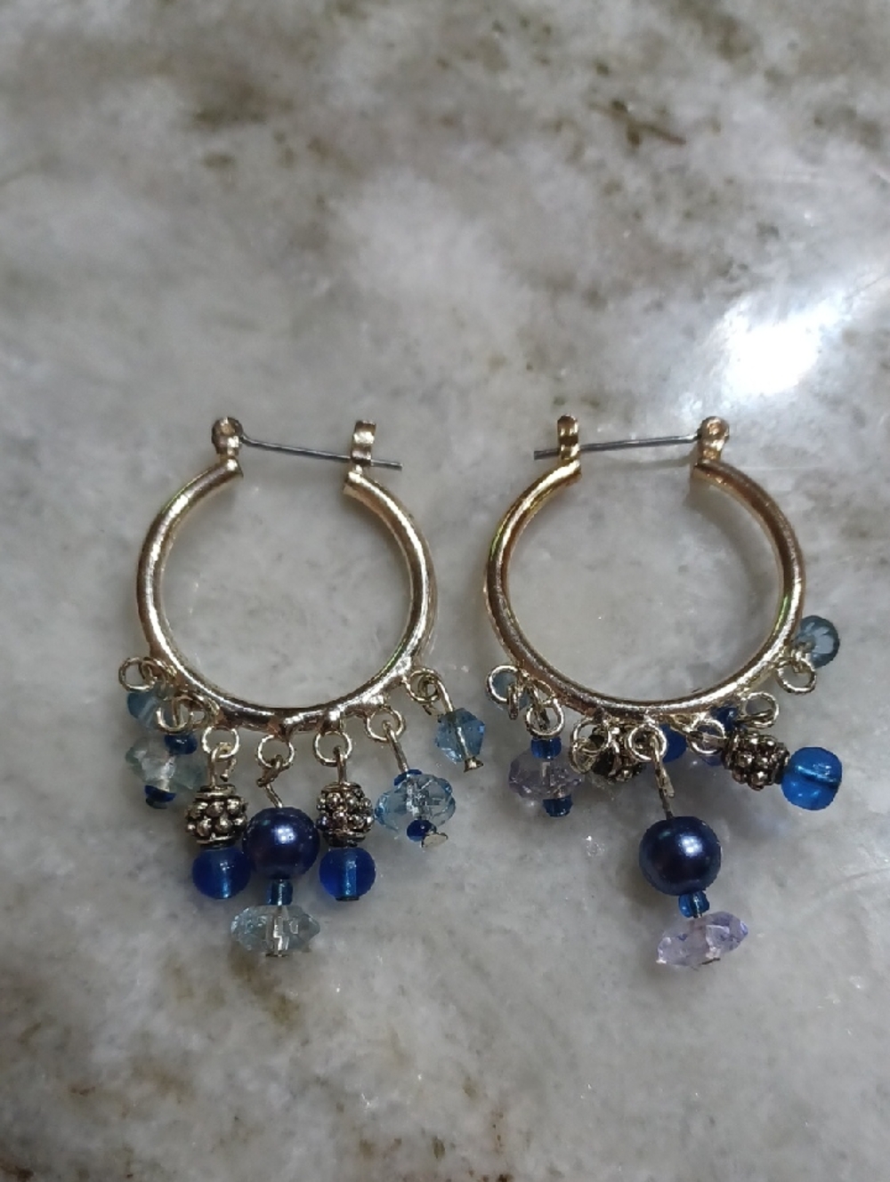 Silver Tone Hoop Earrings with Blue Bead Charms